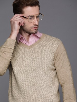 Raymond Self Design V Neck Formal Men Beige Sweater