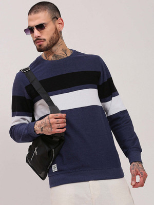 SHOWOFFFF Colorblock Round Neck Casual Men Blue Sweater