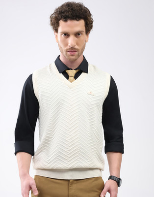 MONTE CARLO Self Design V Neck Casual Men Beige Sweater