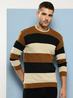 Aarika Striped Round Neck Casual Men Brown Sweater