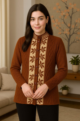 VEMRIS Printed V Neck Casual Women Brown Sweater