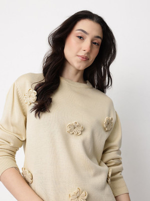Mast & Harbour Applique Round Neck Casual Women Beige Sweater