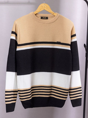 WAY TO TRENDY Striped Round Neck Casual Men Beige Sweater