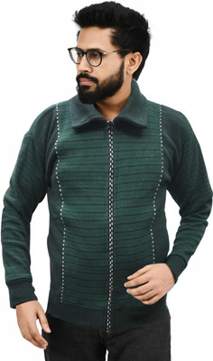 Life and style Striped Collared Neck Casual Men Green Sweater