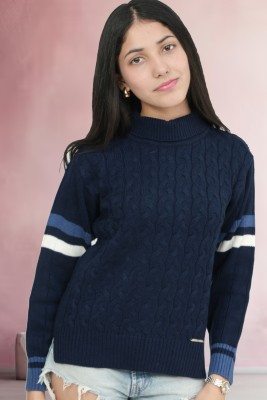 PAMPOLINA Self Design Turtle Neck Casual Girls Dark Blue Sweater