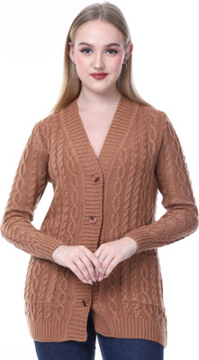 NOQUO Self Design V Neck Casual Women Brown Sweater