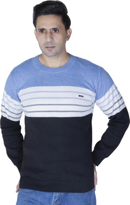 Harjot Striped Round Neck Casual Men Blue Sweater