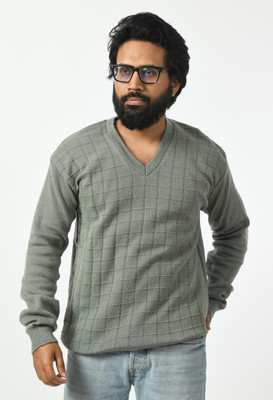 manra Self Design V Neck Casual Men Grey Sweater