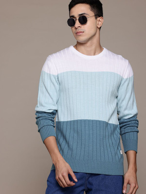 Roadster Colorblock Round Neck Casual Men Blue Sweater