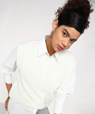 NUMERO UNO Self Design Crew Neck Casual Women White Sweater