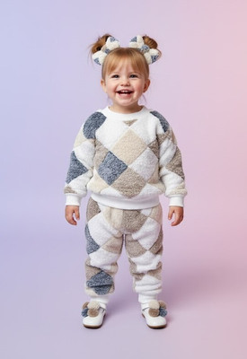 MODESTYLE Geometric Print Round Neck Casual Baby Girls White Sweater