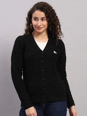 MONTE CARLO Self Design V Neck Casual Women Black Sweater
