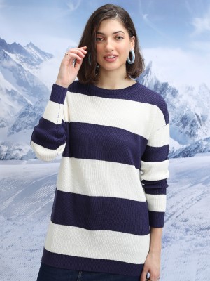 Tokyo Talkies Woven Round Neck Casual Women Dark Blue Sweater