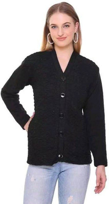 Shunit creation Self Design V Neck Lounge Wear Women Black Sweater