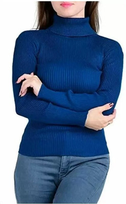 Farlucci Solid High Neck Casual Women Blue Sweater