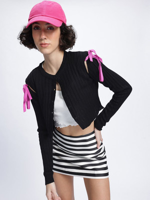 Glitchez Striped V Neck Casual Women Black Sweater