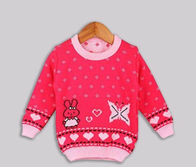 SwellSwag Checkered Round Neck Casual Baby Boys & Baby Girls Pink Sweater