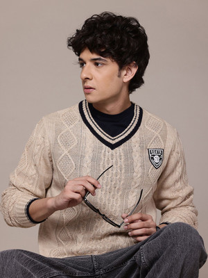 Roadster Self Design V Neck Casual Men Beige Sweater