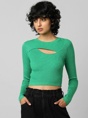 ONLY Solid Round Neck Casual Women Green Sweater