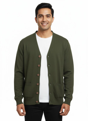 VOMAZO Solid V Neck Formal Men Dark Green Sweater