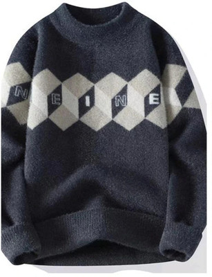 Ucollection Printed High Neck Casual Men Grey Sweater