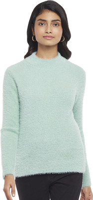 Honey By Pantaloons Self Design High Neck Casual Women Light Green Sweater