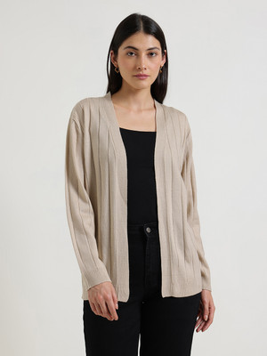 FableStreet Solid V Neck Casual Women Beige Sweater