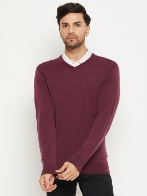 98 Degree North Solid V Neck Casual Men Maroon Sweater