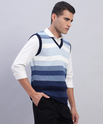 MORKEL Striped V Neck Casual Men Blue Sweater