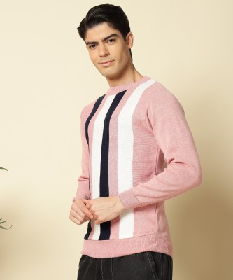 SILVANUS Striped Round Neck Casual Men Pink Sweater