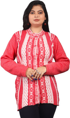 HouseOfCommon Self Design V Neck Casual Women Pink Sweater