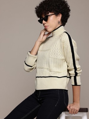 Roadster Self Design Turtle Neck Casual Women Beige Sweater