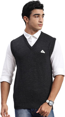 MONTE CARLO Solid V Neck Casual Men Grey Sweater