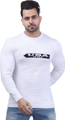 FEVERFEW Self Design Round Neck Casual Men White Sweater