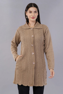 CURIOUS FASHION Self Design Collared Neck Casual Women Beige Sweater