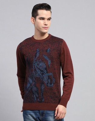 MONTE CARLO Self Design Round Neck Casual Men Maroon Sweater