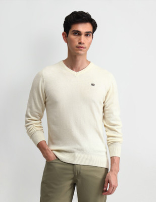 Arrow Sport Solid V Neck Casual Men White Sweater