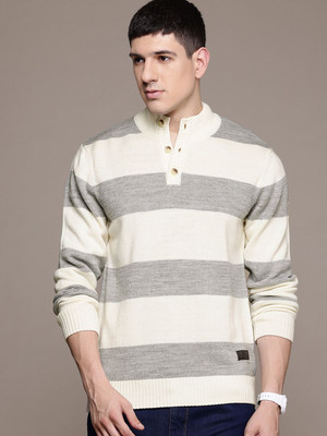 Roadster Striped High Neck Casual Men Gold Sweater