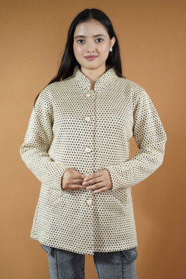 CreativePanther Printed Mandarin Neck Casual Women Reversible Beige Sweater
