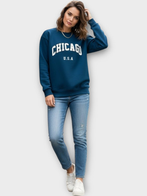 Elite Printed Round Neck Casual Women Dark Blue Sweater