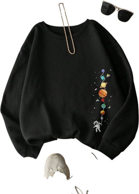 Draxstarfashion Printed Round Neck Casual Women Black Sweater
