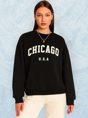 Elite Printed Round Neck Casual Women Black Sweater