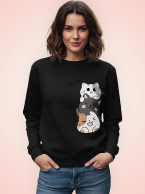 HouseOfCommon Printed Round Neck Casual Women Black Sweater