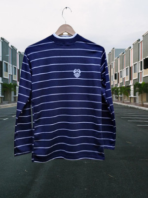 Tiki Tees Striped Round Neck Casual Men Blue Sweater