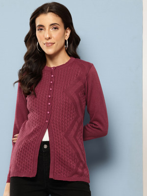 Aarika Self Design Round Neck Casual Women Purple Sweater