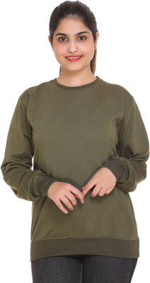 SHAUN Solid Round Neck Lounge Wear Women Dark Green Sweater