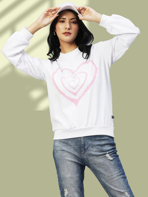 METRONAUT Metronaut Women White Heart Print Peasant Sleeve Fleece Sweatshirt Full Sleeve Printed Women Sweatshirt