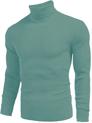 FREAKS Woven High Neck Casual Men Green Sweater