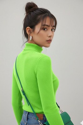 Divra Clothing Self Design High Neck Casual Women Light Green Sweater