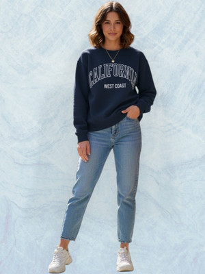Elite Printed Round Neck Casual Women Dark Blue Sweater